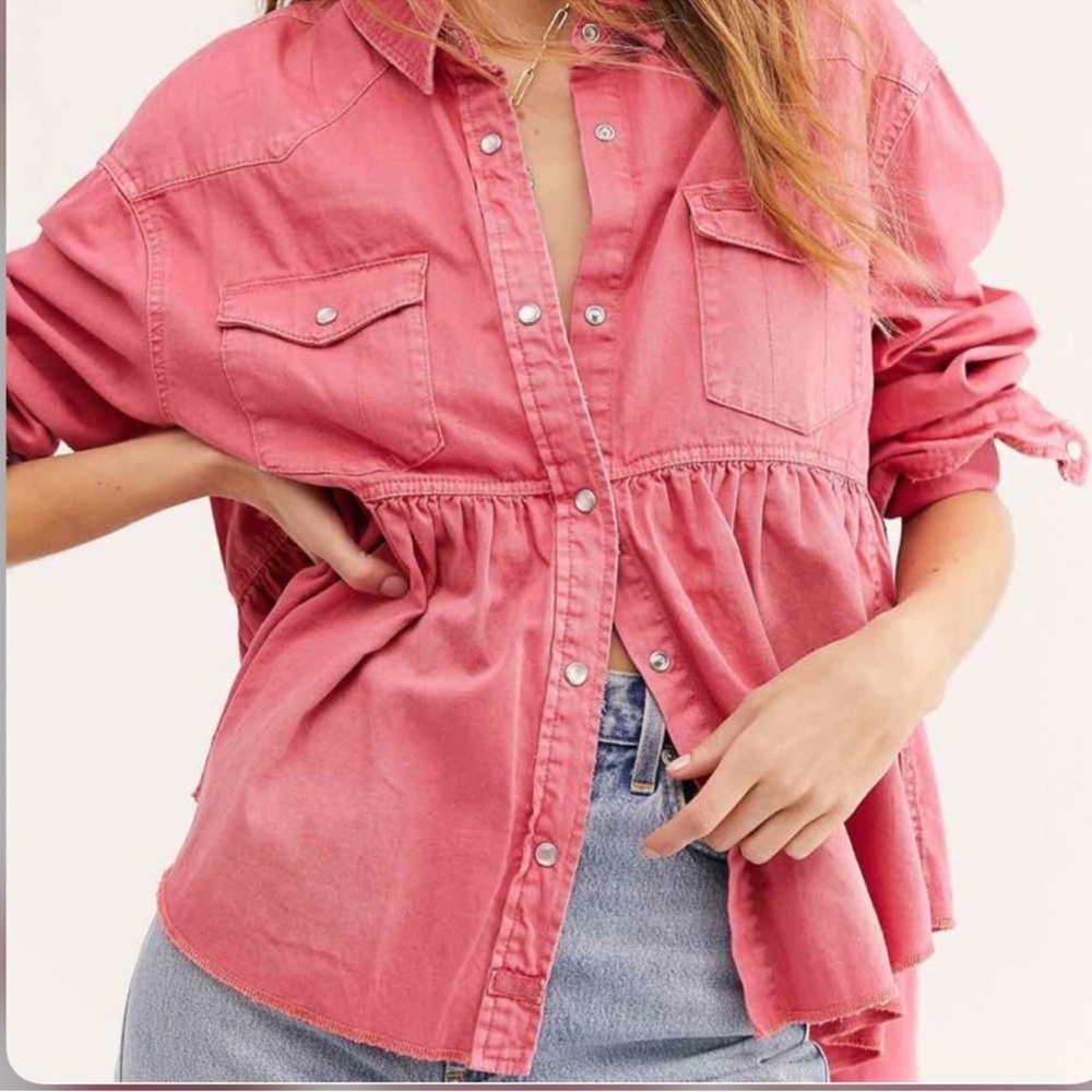Free People “We The Free" Dylan Babydoll peplum denim shirt jacket - Picture 3 of 7